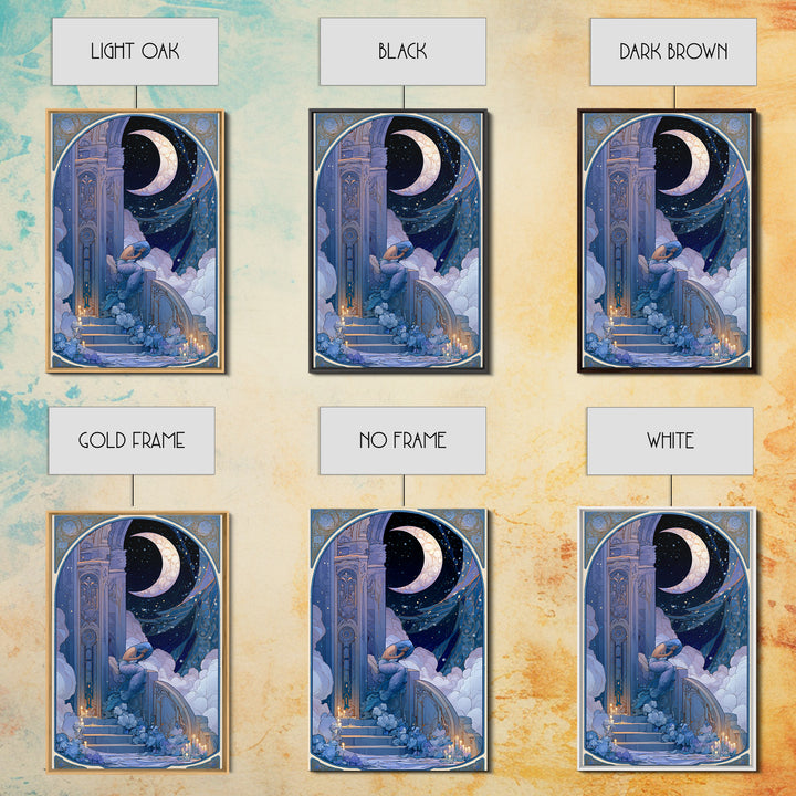 Mermaid Combing Hair Beneath a Pearl Moon Framed Canvas Print, Fairy Tale Art, Nursery Art, Living Room Decor, Storybook, FTA-2x3-68