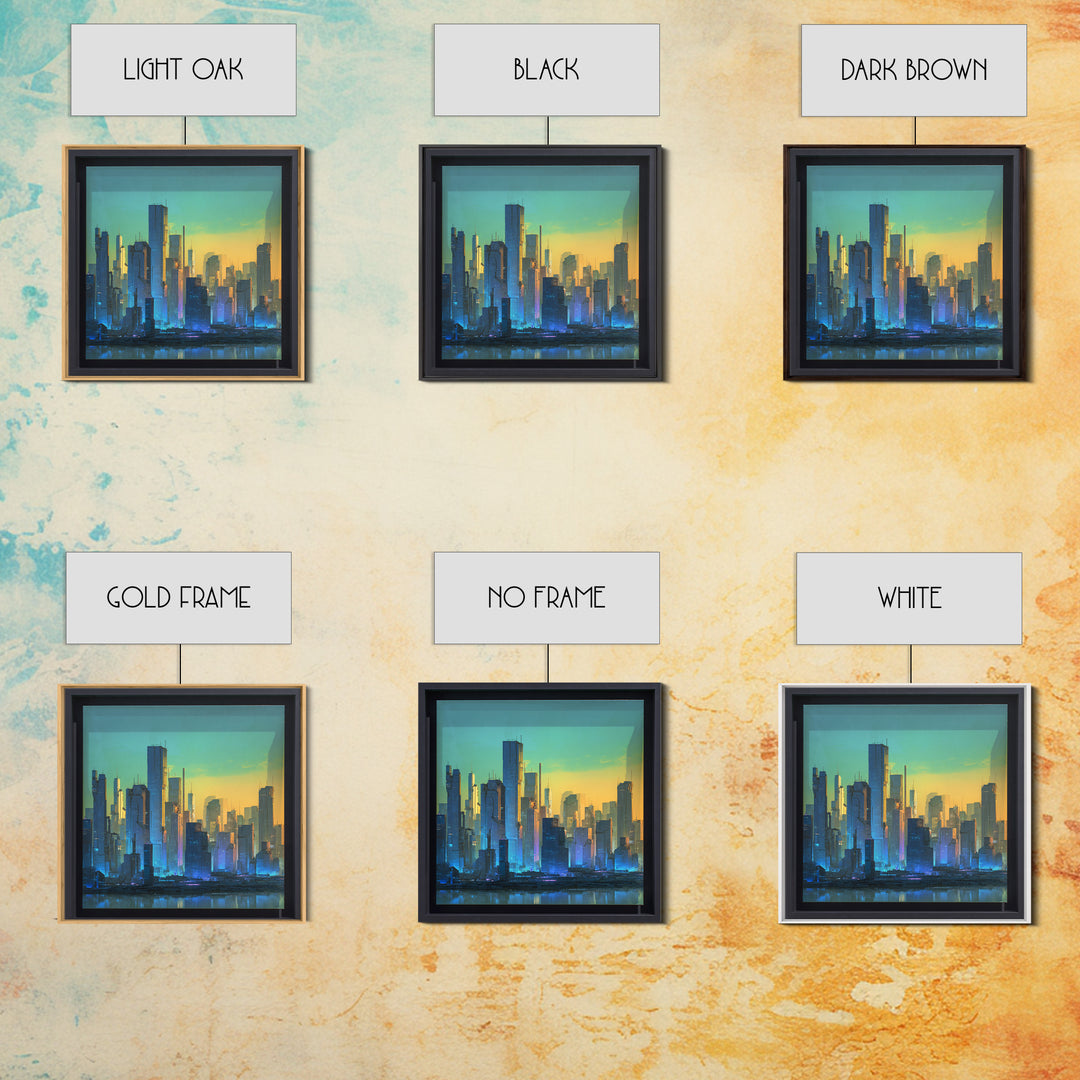 Sleek Chrome City Skyline Framed Canvas Print, Futuristic Art, Modern Wall Art, Living Room Decor, Abstract Art, Future, FUT-1x1-73
