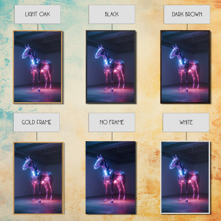 Cybernetic Horse in a Luminous Field Framed Canvas Print, Futuristic Art, Cyberpunk Decor, Living Room Decor, Oil Painting, FUT-2x3-21