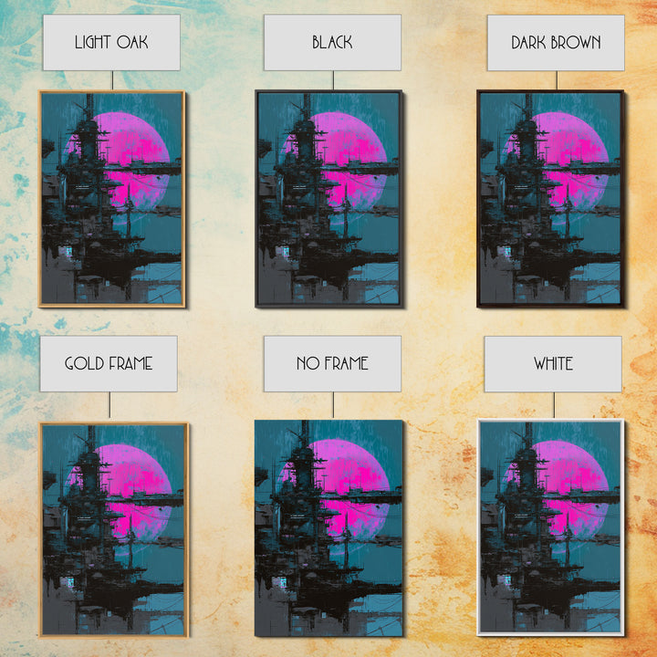 Moon Colony Silhouette Framed Canvas Print, Futuristic Art, Modern Wall Decor, Living Room Decor, Oil Painting, Future, FUT-2x3-53