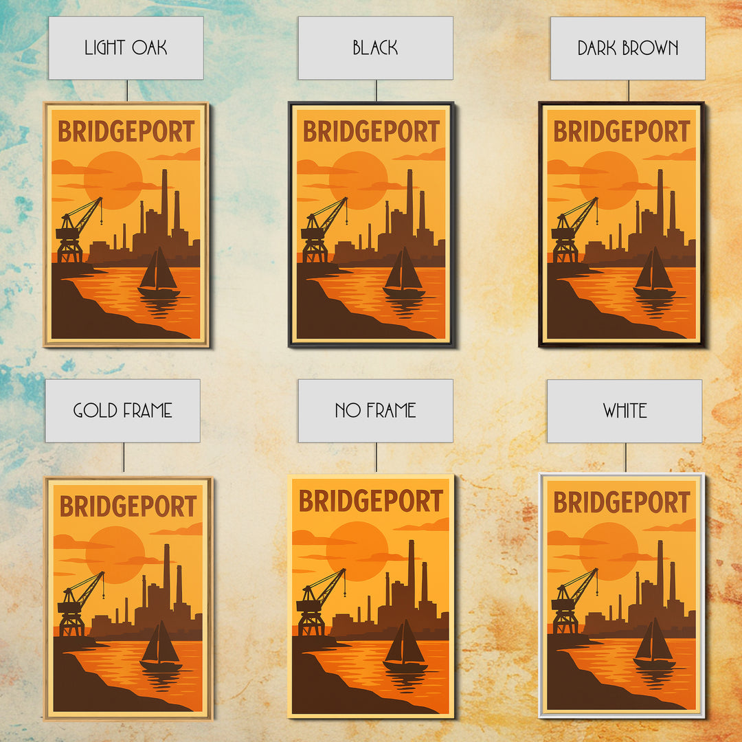 Bridgeport Connecticut Travel Poster, Canvas Print, Warm Sunset Silhouette Art, Bridgeport City Art, Travel Print, Watercolor Skyline Art