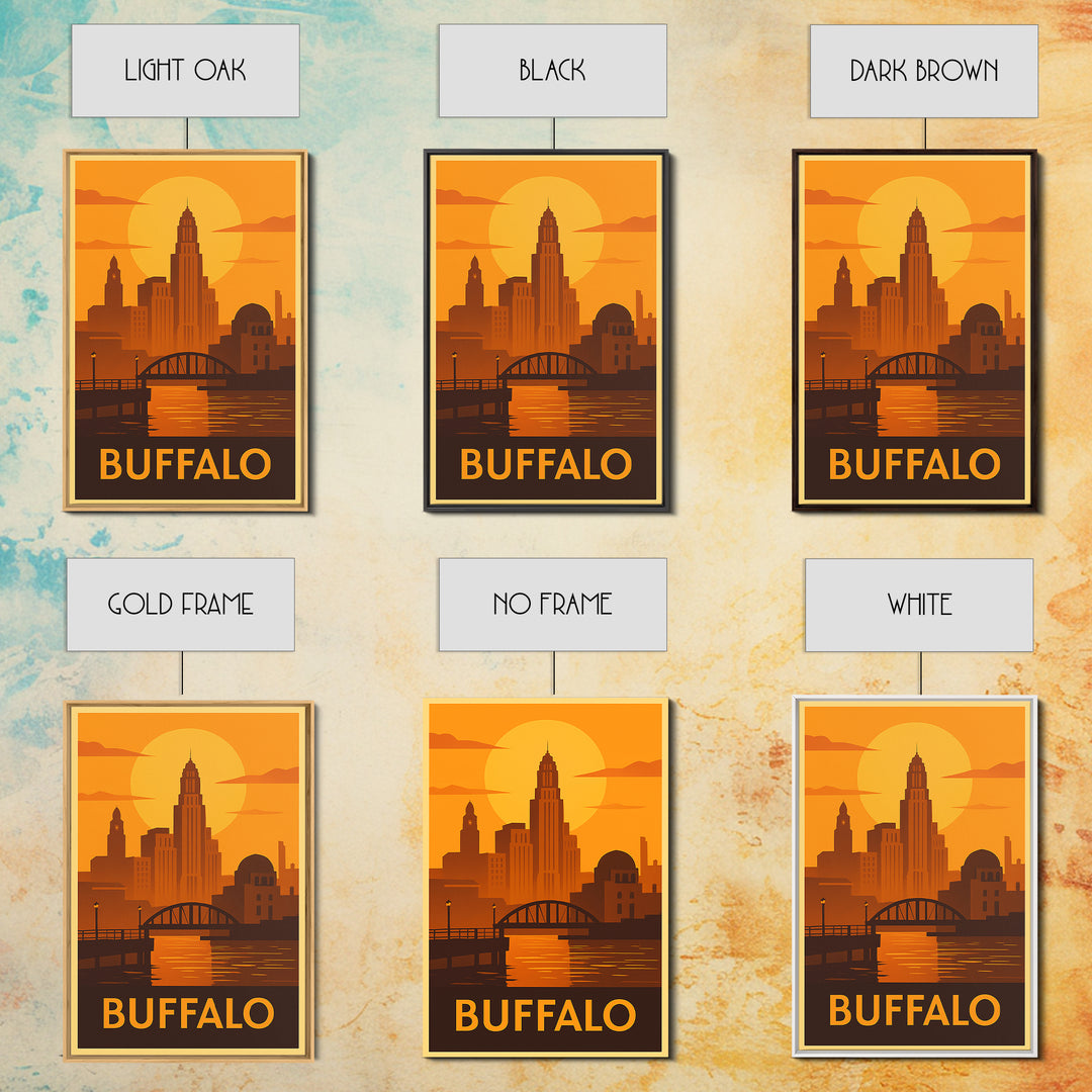 Buffalo Travel Poster, Framed Canvas Print, Golden Travel Poster Art, Buffalo Travel Art, Home Office Decor, Watercolor Skyline