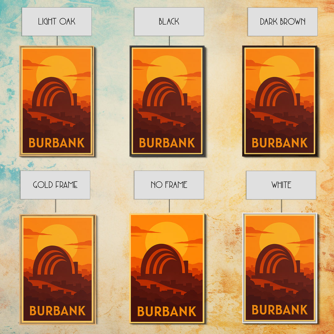 Burbank Travel Poster, Canvas Print, Warm Sunset Silhouette Art, Burbank Wall Art, Mid Century Wall Art, Vintage Travel Print, Design 2