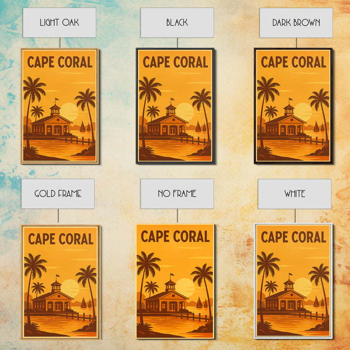 Cape Coral Florida Travel Poster, Framed Canvas Print, Golden Travel Poster Art, Cape Coral City Art, Wanderlust Decor, Eclectic Wall Decor