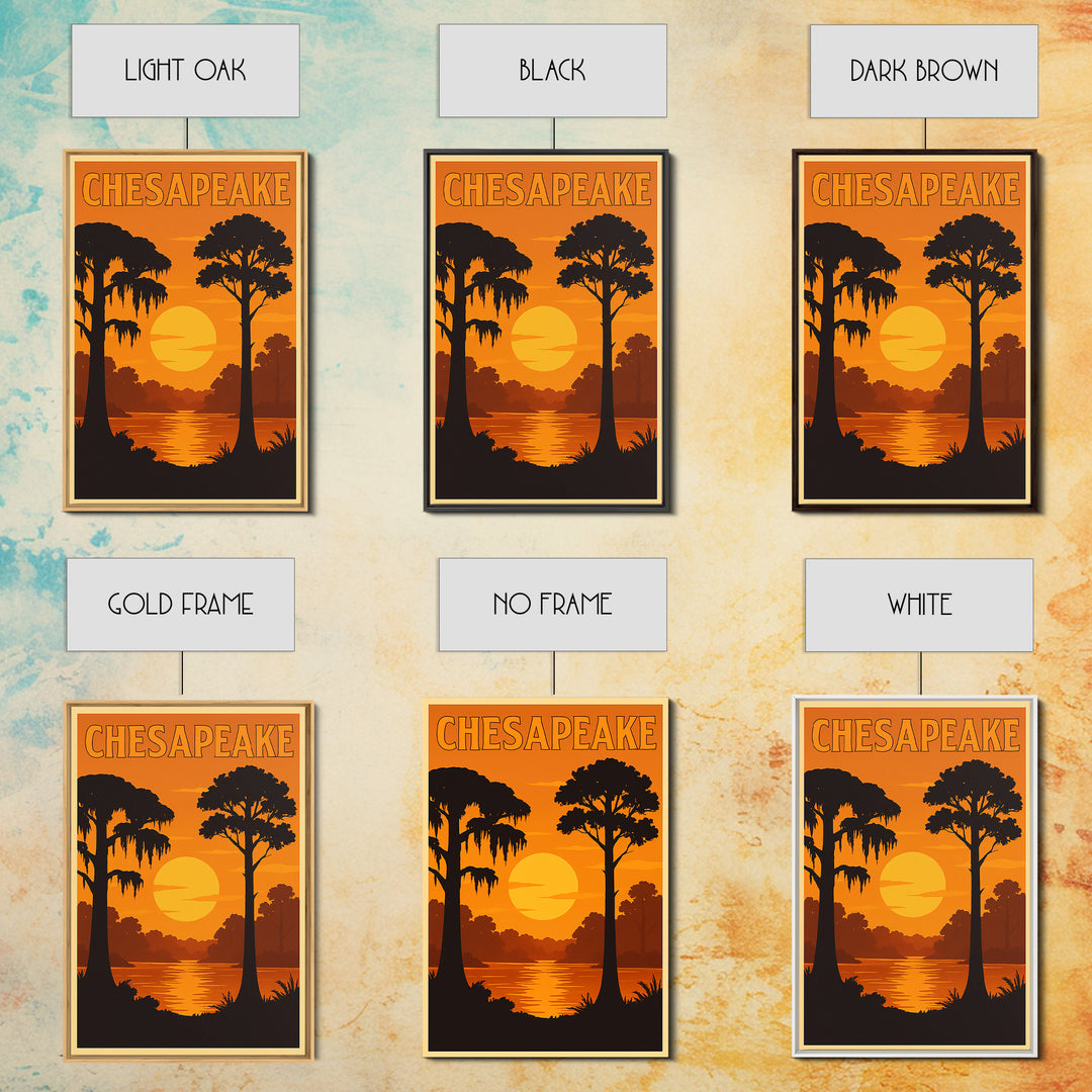 Chesapeake Virginia Travel Poster, Canvas Print, Warm Sunset Silhouette Art, Chesapeake Wall Art, City Travel Prints, Vintage City Poster