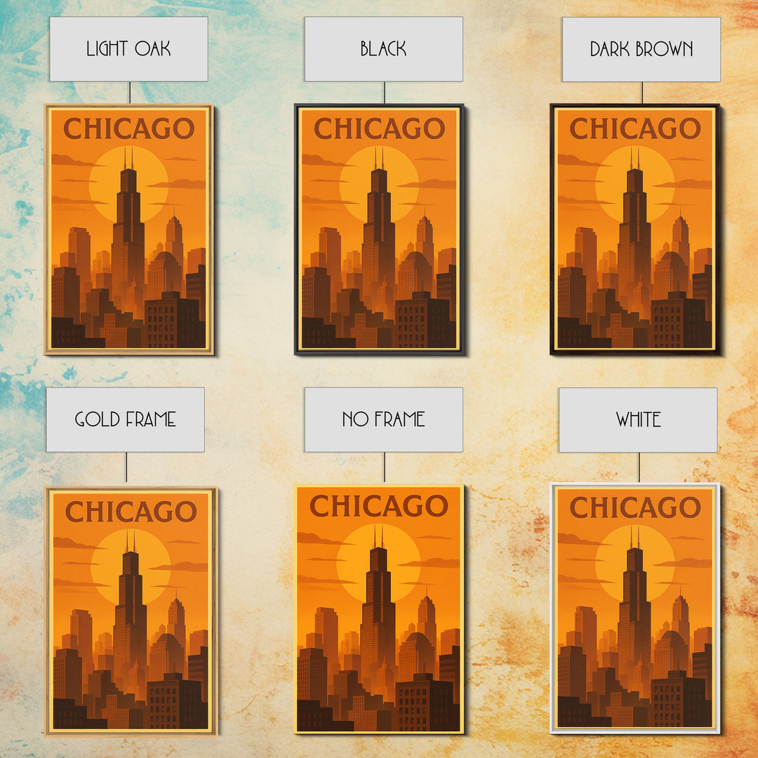 Chicago Illinois Travel Poster, Canvas Print, Warm Sunset Silhouette Art, Chicago Poster Print, Travel Print, Travel Wall Art, Home Decor