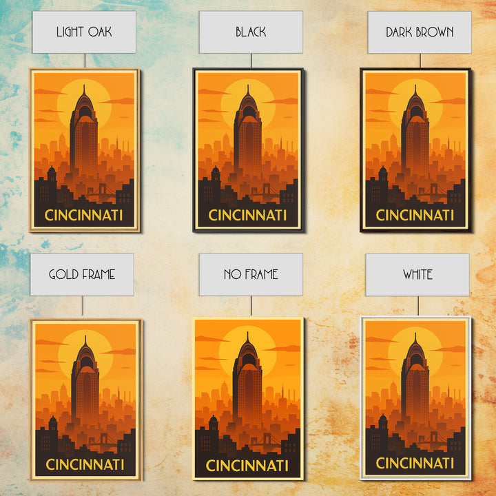 Cincinnati Travel Poster, Framed Canvas Print, Warm Sunset Silhouette Art, Cincinnati Art Print, Retro Travel Print, Gift For Travelers