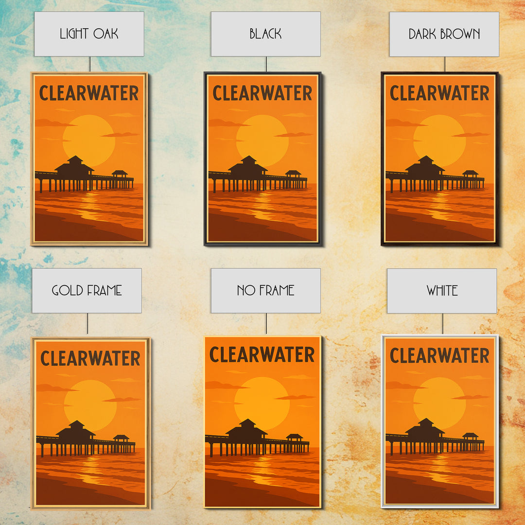 Clearwater Florida Travel Poster, Canvas Print, Warm Sunset Silhouette Art, Clearwater Poster Print, Wall Art, Gift For Travelers