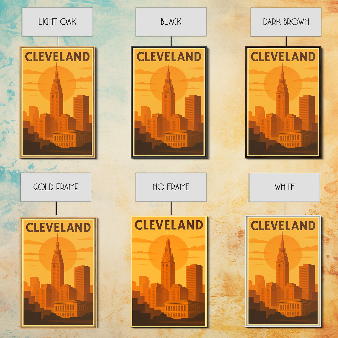 Cleveland Ohio Travel Poster, Framed Canvas Print, Golden Travel Poster Art, Cleveland Travel Art, Modern Wall Decor, Travel Poster Art
