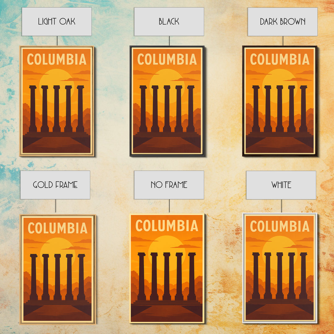 Columbia Travel Poster, Framed Canvas Print, Gold Art Deco Poster Art, Columbia Travel Art, Vintage Travel Art, Travel Art Print
