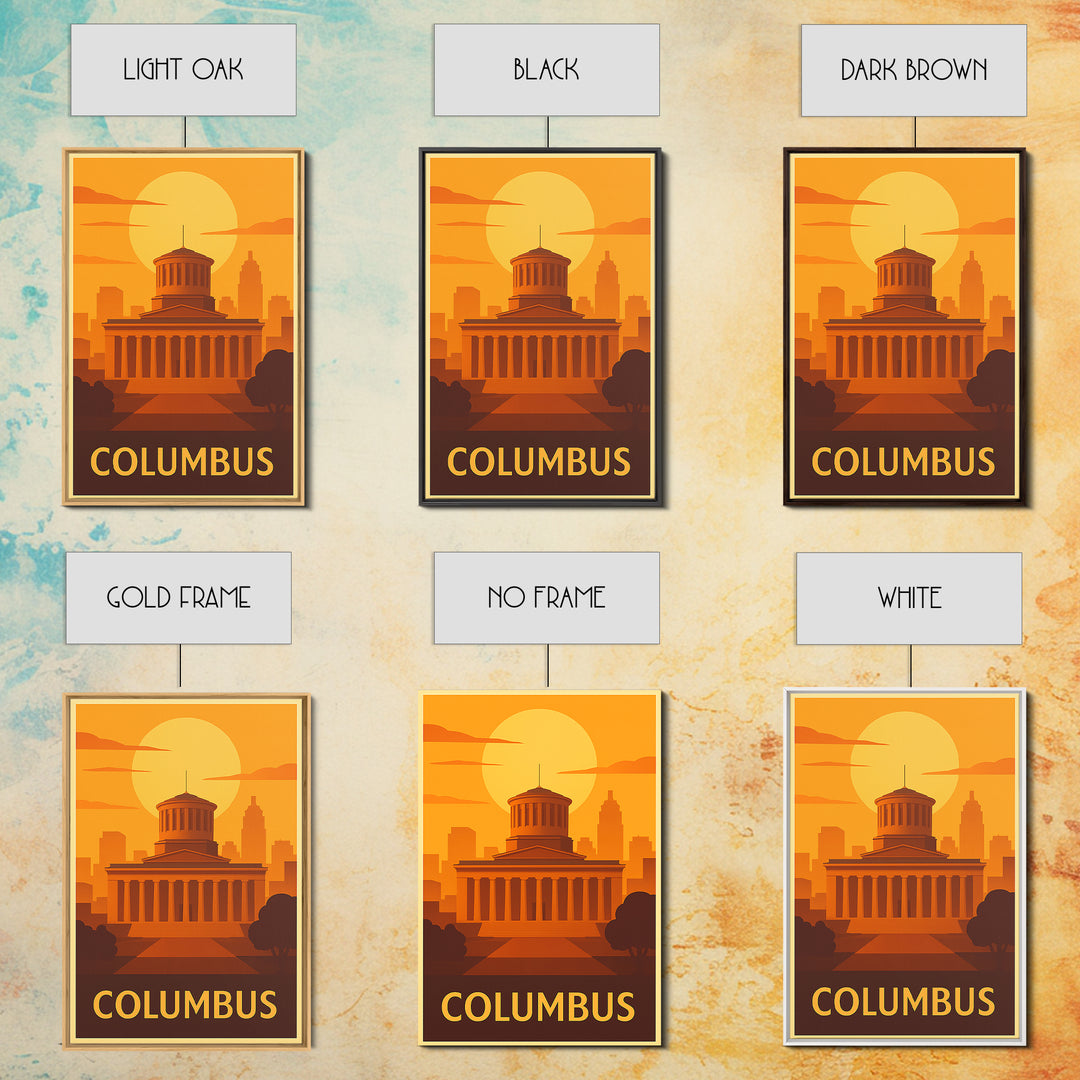 Columbus Travel Poster, Framed Canvas Print, Warm Sunset Silhouette Art, Columbus City Art, Living Room Wall Art, Travel Poster Set
