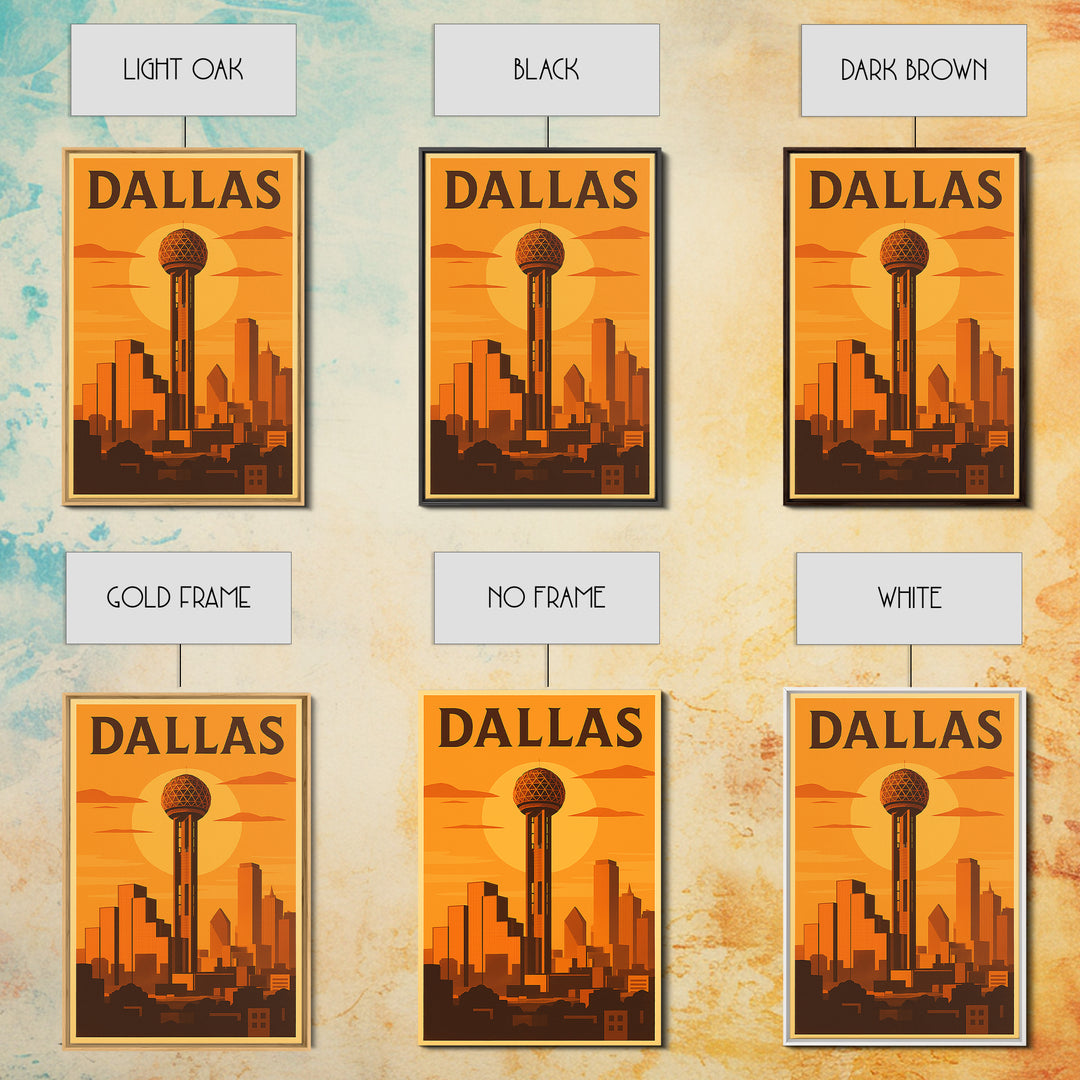 Dallas Texas Travel Poster, Canvas Print, Golden Poster Art, Dallas Wall Art, City Illustration, Mid Century Wall Art, Vintage Travel Art
