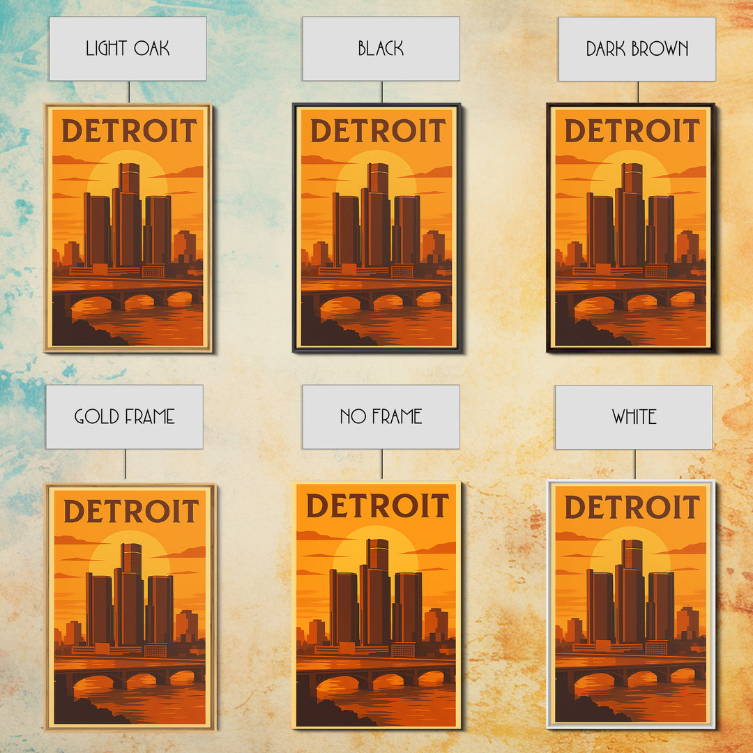 Detroit Michigan Travel Poster, Canvas Print, Warm Sunset Silhouette Art, Detroit Wall Art, City Illustration, Wanderlust Decor, Wall Art