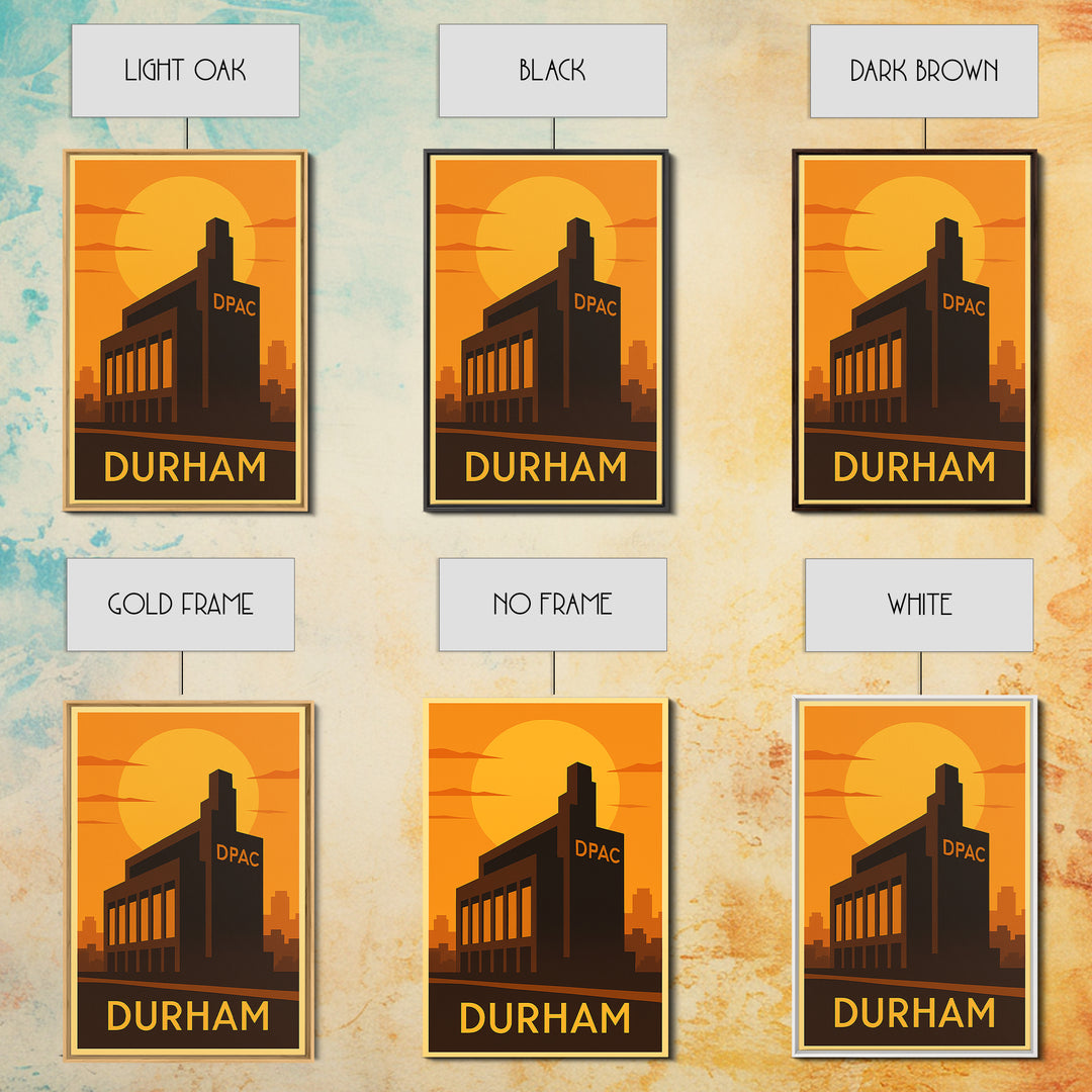 Durham Travel Poster, Framed Canvas Print, Warm Sunset Silhouette Art, Durham Art Print, Retro Travel Print, Vintage Travel Print