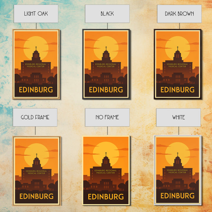 Edinburg Travel Poster, Framed Canvas Print, Golden Travel Poster Art, Edinburg Travel Art, Vintage City Art, City Illustration
