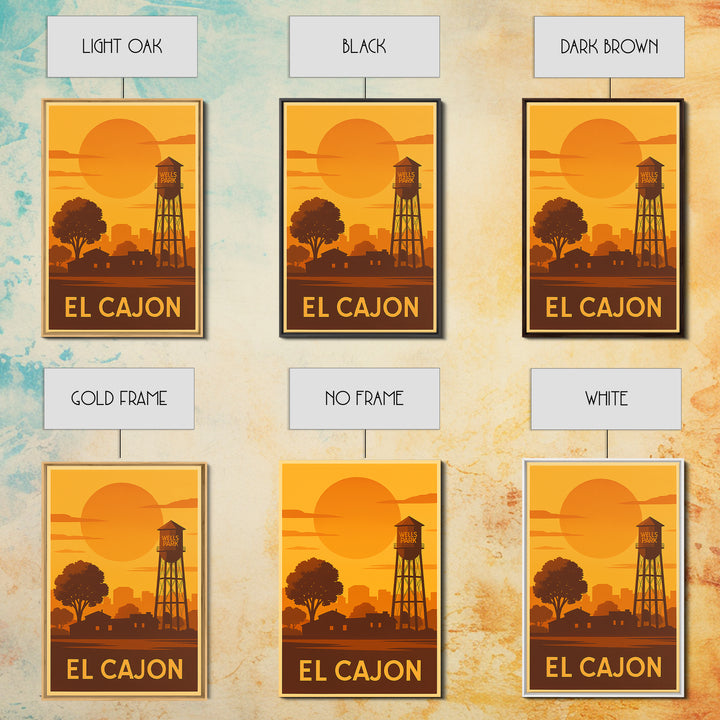 El Cajon Travel Poster, Framed Canvas Print, Golden Travel Poster Art, El Cajon Art Print, Travel Wall Art, City Illustration, Wall Art