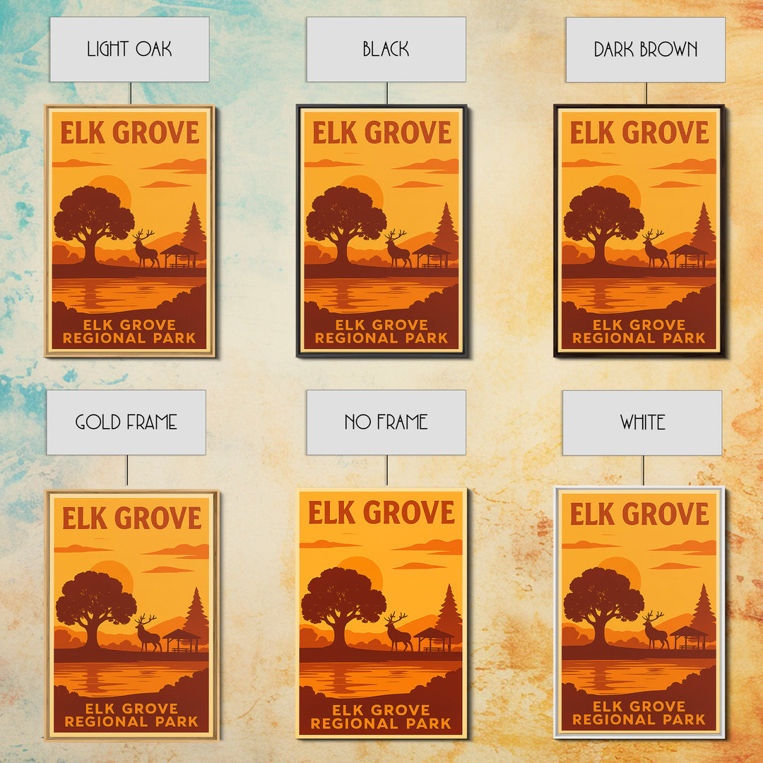 Elk Grove California Travel Poster, Framed Canvas Print, Warm Sunset Silhouette Art, Elk Grove Art Print, City Art Print, City Illustration