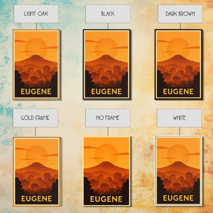 Eugene Travel Poster, Canvas Print, Warm Sunset Silhouette Art, Eugene Wall Art, Living Room Wall Art, City Art Print, Vintage City Poster