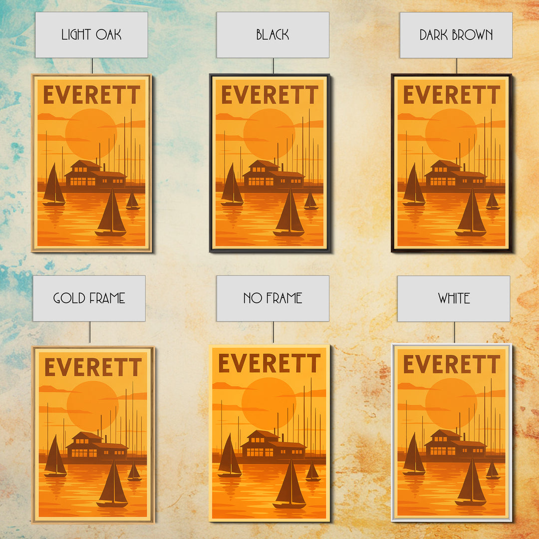Everett Washington Travel Poster, Canvas Print, Warm Sunset Silhouette Art, Everett Poster Print, Travel Art Print, Vintage City Poster