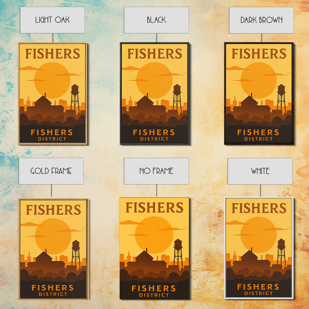 Fishers Indiana Travel Poster, Canvas Print, Gold Art Deco Poster Art, Fishers Wall Art, Travel Poster Set, Watercolor Downtown Skyline