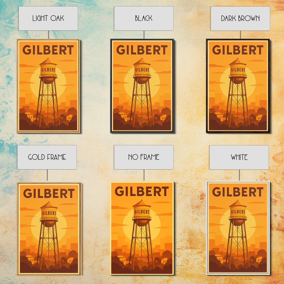 Gilbert Arizona Travel Poster, Canvas Print, Gold Art Deco Poster Art, Gilbert Art Print, Watercolor Skyline, Travel Wall Art, Art Print