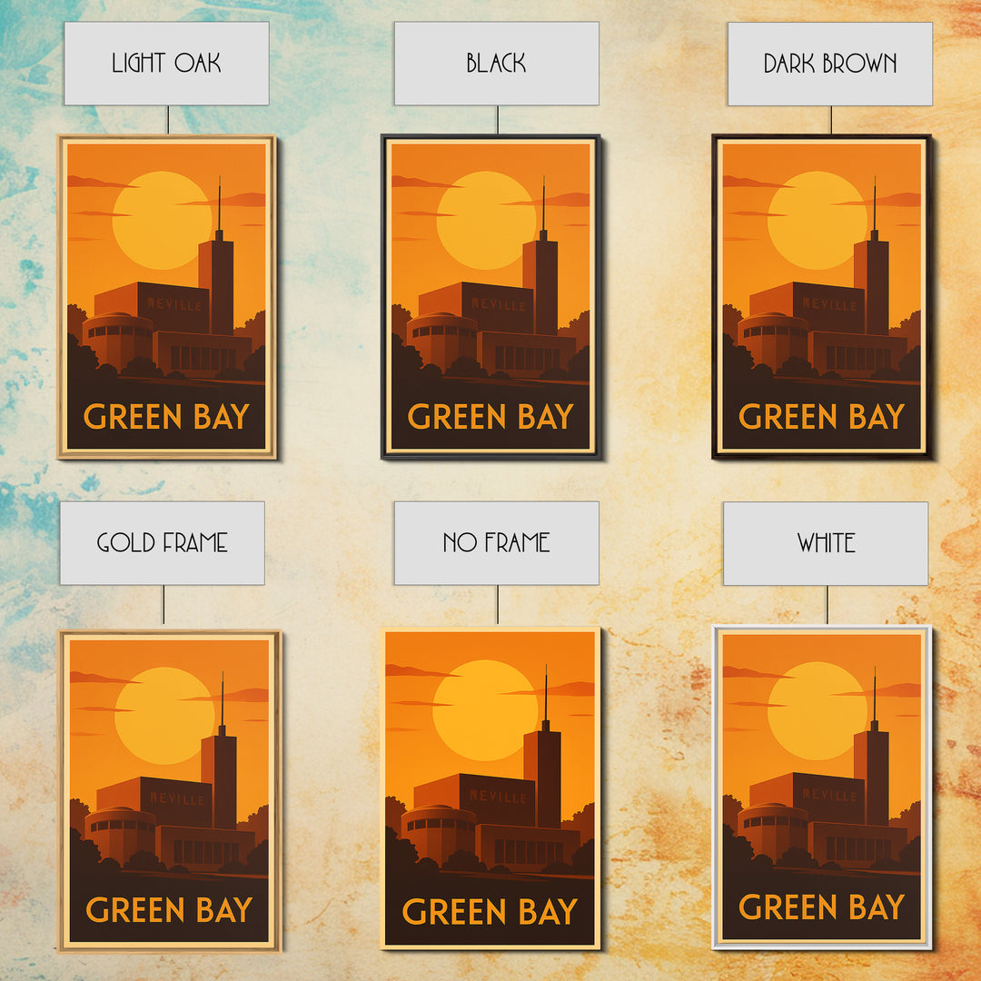 Green Bay Travel Poster, Canvas Print, Warm Sunset Silhouette Art, Green Bay Travel Art, Retro Travel Print, City Illustration