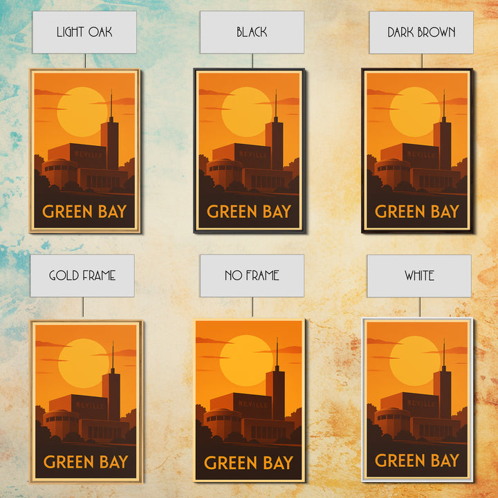 Green Bay Travel Poster, Canvas Print, Warm Sunset Silhouette Art, Green Bay Travel Art, Retro Travel Print, City Illustration