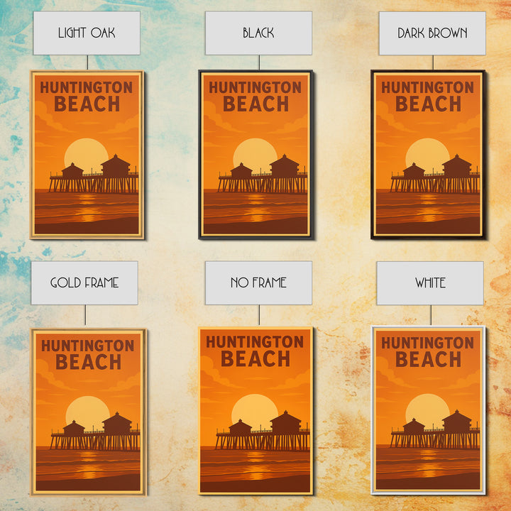 Huntington Beach California Travel Poster, Framed Canvas Print, Warm Sunset Silhouette Art, Huntington Beach Poster Print, City Illustration