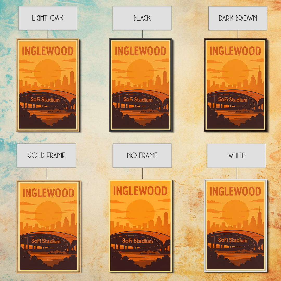 Inglewood California Travel Poster, Canvas Print, Gold Art Deco Poster Art, Inglewood City Art, Watercolor City Skyline, Travel Art Print