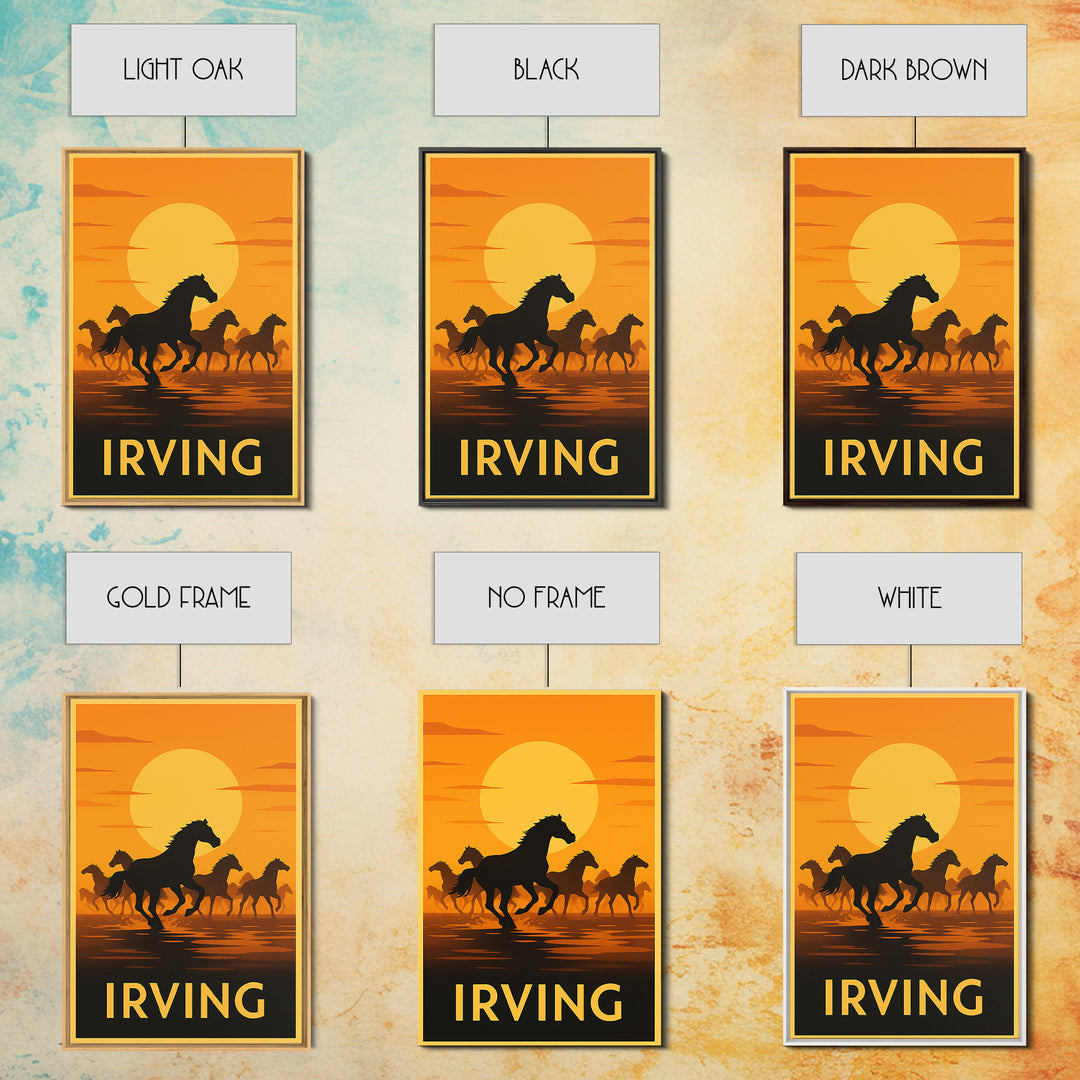 Irving Travel Poster, Framed Canvas Print, Warm Sunset Silhouette Art, Irving City Art, Living Room Wall Art, Wanderlust Decor
