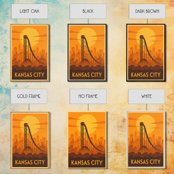 Kansas City Travel Poster, Framed Canvas Print, Gold Art Deco Poster Art, Kansas City Travel Art, Watercolor Urban Skyline, Travel Art Print