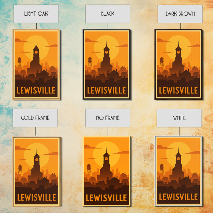 Lewisville Travel Poster, Canvas Print, Warm Sunset Silhouette Art, Lewisville Wall Art, Travel Wall Art, Watercolor City Skyline