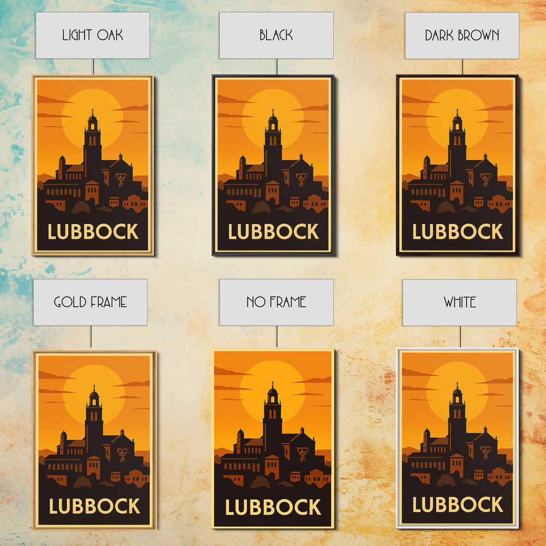Lubbock Travel Poster, Framed Canvas Print, Warm Sunset Silhouette Art, Lubbock Wall Art, Vintage City Poster, Vintage City Art