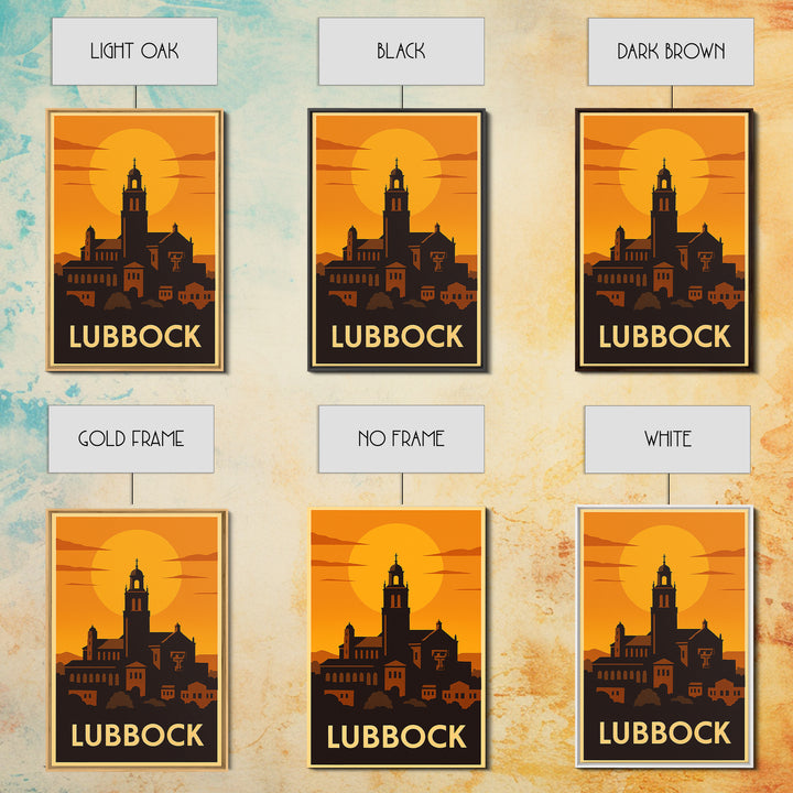 Lubbock Travel Poster, Framed Canvas Print, Warm Sunset Silhouette Art, Lubbock Wall Art, Vintage City Poster, Vintage City Art