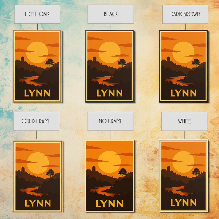 Lynn Travel Poster, Framed Canvas Print, Gold Art Deco Poster Art, Lynn City Art, Watercolor Skyline Art, City Travel Prints, Poster Print