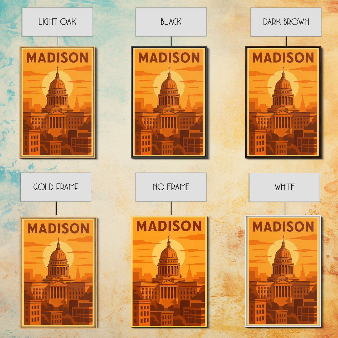 Madison Wisconsin Travel Poster, Framed Canvas Print, Gold Art Deco Poster Art, Madison Travel Art, Modern Wall Decor, City Illustration
