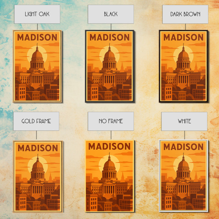 Madison Wisconsin Travel Poster, Framed Canvas Print, Gold Art Deco Poster Art, Madison Travel Art, Modern Wall Decor, City Illustration
