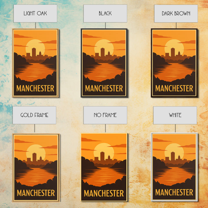 Manchester Travel Poster, Framed Canvas Print, Gold Art Deco Poster Art, Manchester City Art, Travel Poster Art, Watercolor Skyline