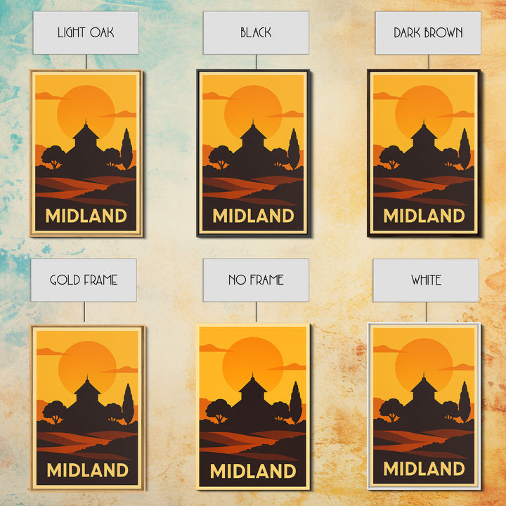 Midland Travel Poster, Framed Canvas Print, Warm Sunset Silhouette Art, Midland Wall Art, Travel Wall Decor, Travel Wall Art, Poster Art