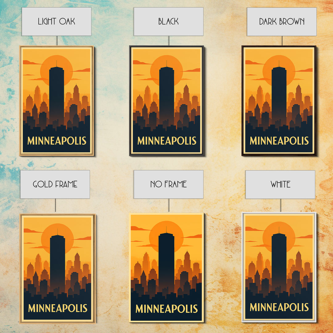 Minneapolis Travel Poster, Framed Canvas Print, Warm Sunset Silhouette Art, Minneapolis Art Print, Eclectic Wall Decor, City Travel Prints