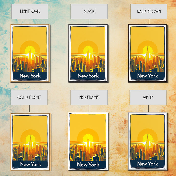 New York Travel Poster, Framed Canvas Print, Golden Travel Poster Art, New York Art Print, City Travel Prints, Watercolor Skyline