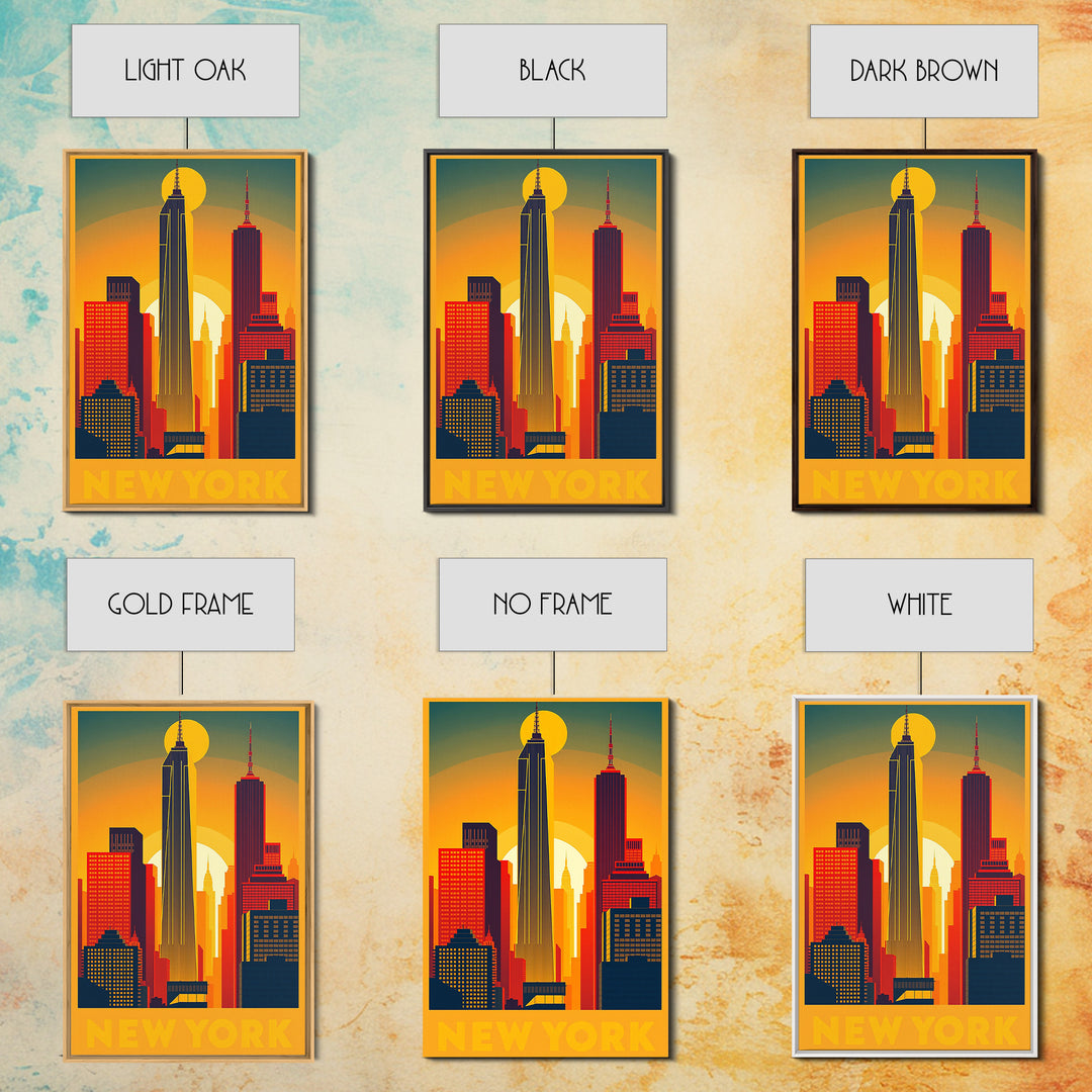 New York Travel Poster, Framed Canvas Print, Golden Travel Poster Art, New York Art Print, Vintage City Art, City Illustration