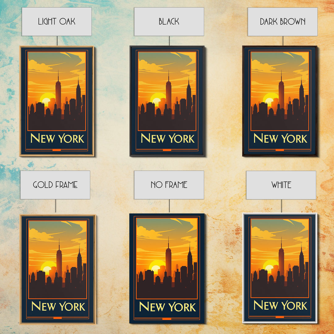 New York Travel Poster, Canvas Print, Warm Sunset Silhouette Art, New York Travel Art, Vintage Travel Art, Mid Century Wall Art
