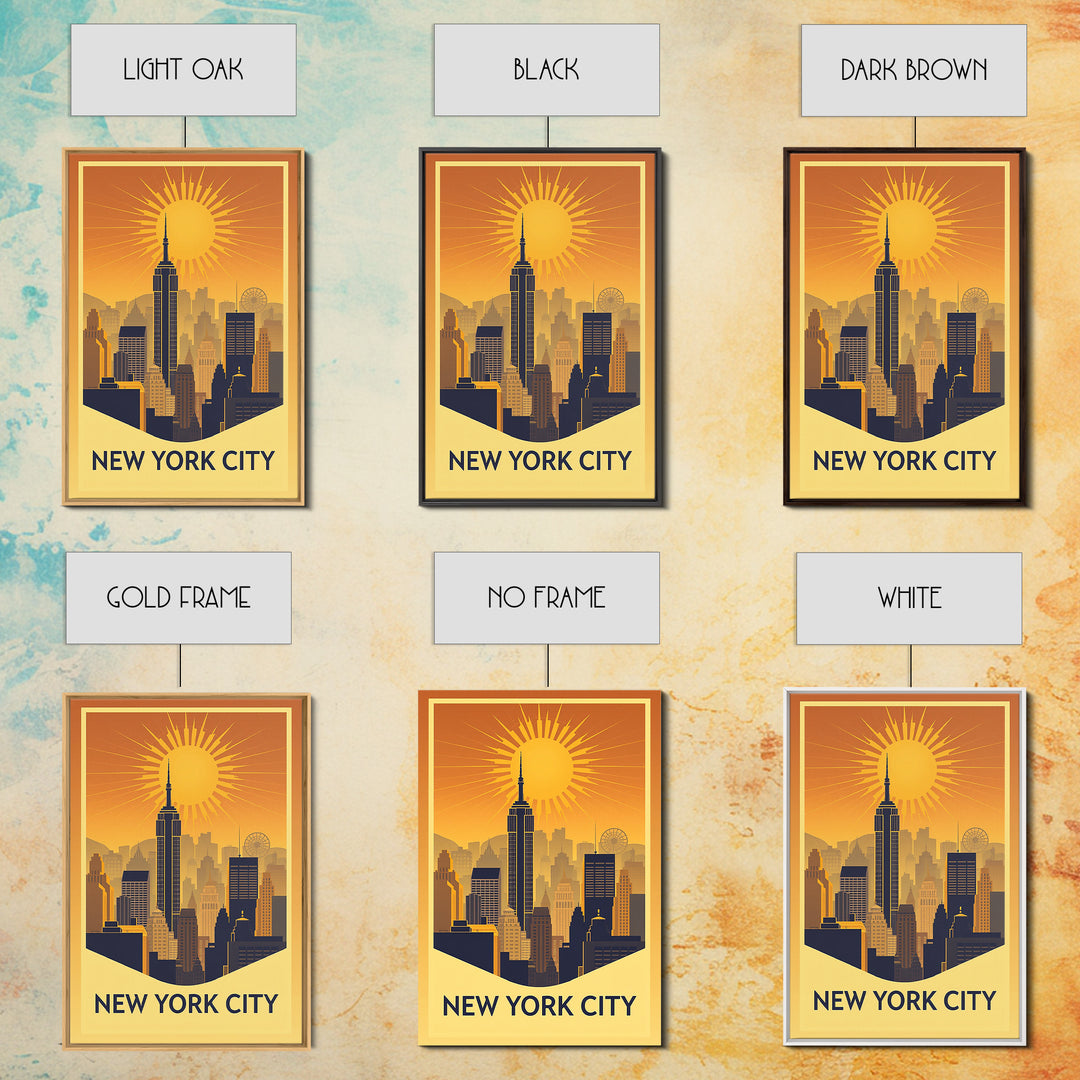 New York Travel Poster, Framed Canvas Print, Warm Sunset Silhouette Art, New York City Art, Travel Poster Set, Mid Century Wall Art