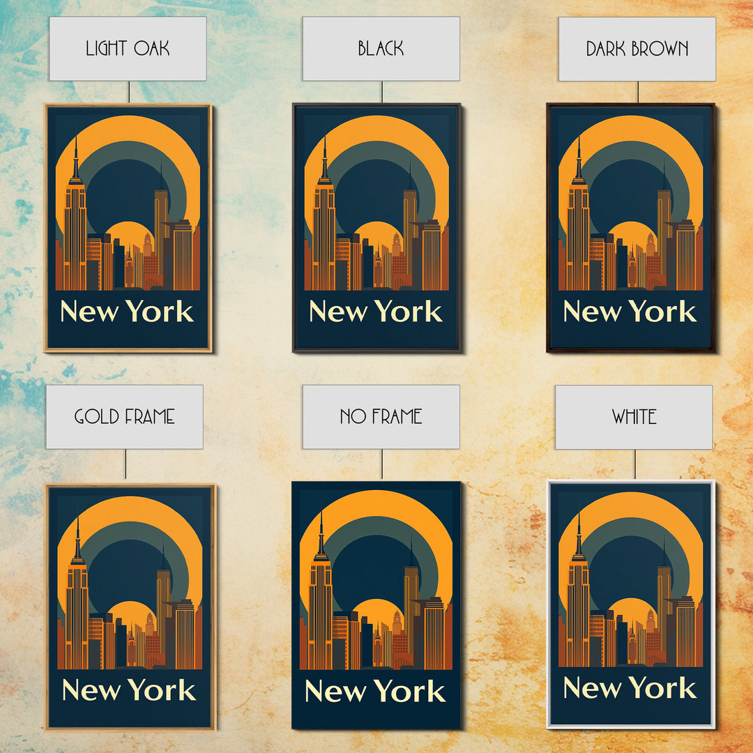 New York Travel Poster, Framed Canvas Print, Warm Sunset Silhouette Art, New York Poster Print, Vintage City Poster, City Travel Prints