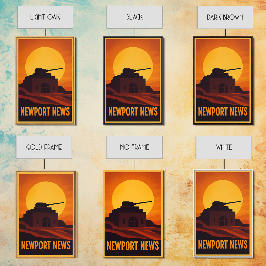 Newport News Travel Poster, Framed Canvas Print, Warm Sunset Silhouette Art, Newport News City Art, Travel Wall Decor, City Illustration