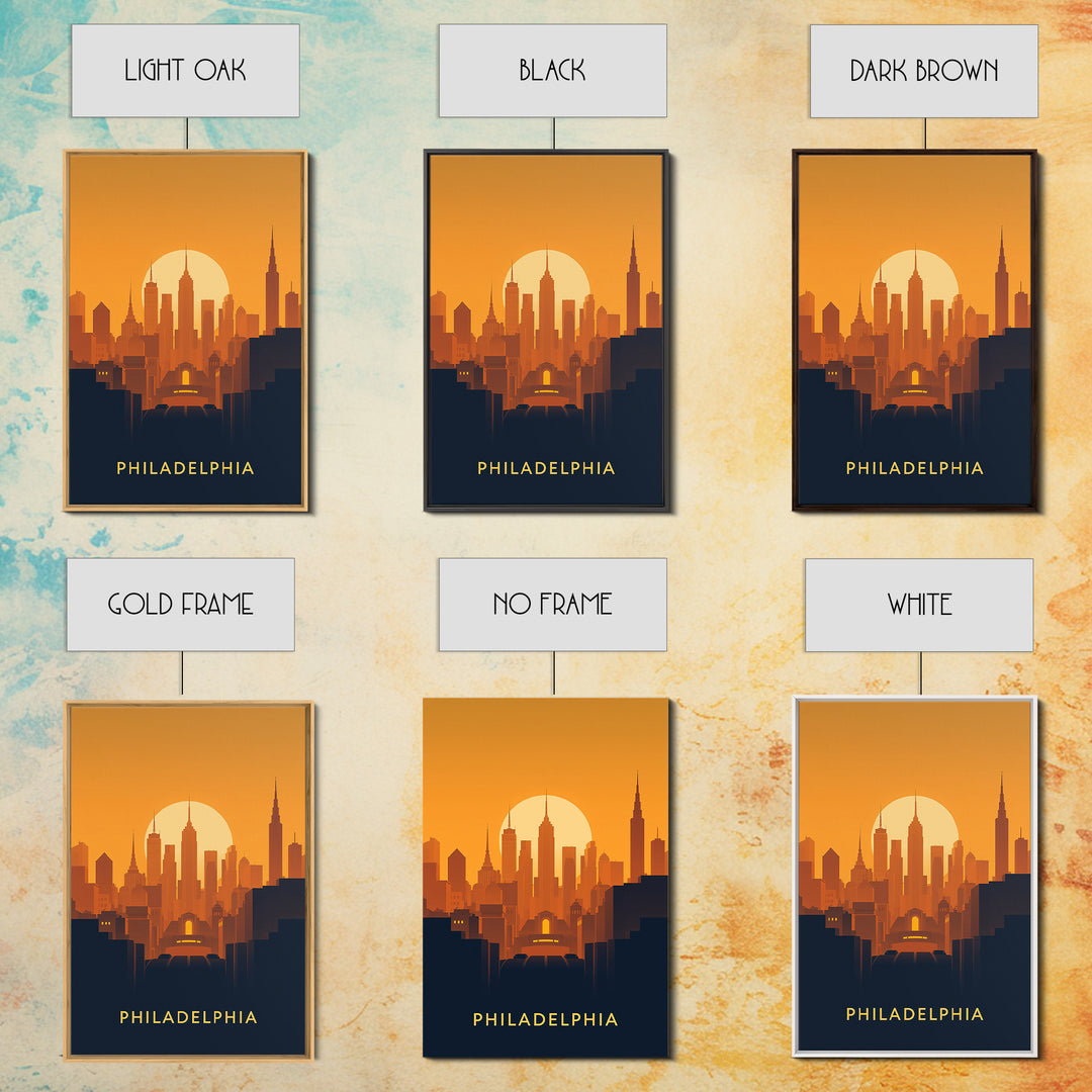 Philadelphia Travel Poster, Framed Canvas Print, Warm Sunset Silhouette Art, Philadelphia Travel Art, Modern Wall Decor, Travel Wall Art
