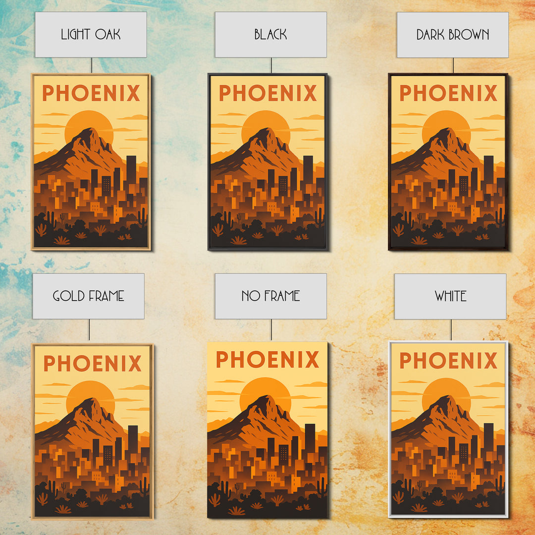 Phoenix Arizona Travel Poster, Framed Canvas Print, Gold Art Deco Poster Art, Phoenix Poster Print, City Travel Prints, Watercolor Skyline