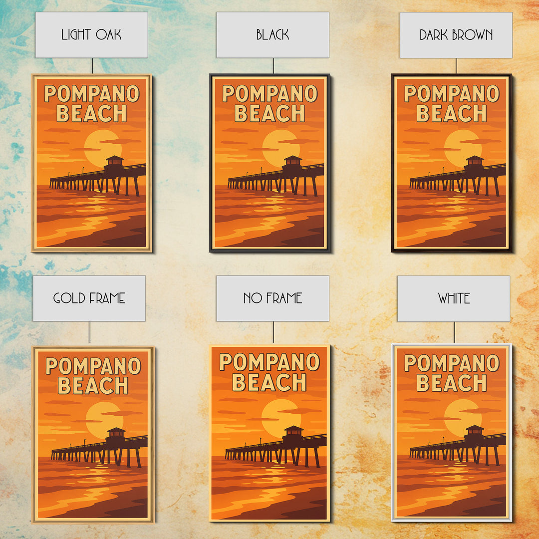 Pompano Beach Florida Travel Poster, Canvas Print, Golden Travel Poster Art, Pompano Beach Wall Art, Travel Poster Set, Vintage City Art