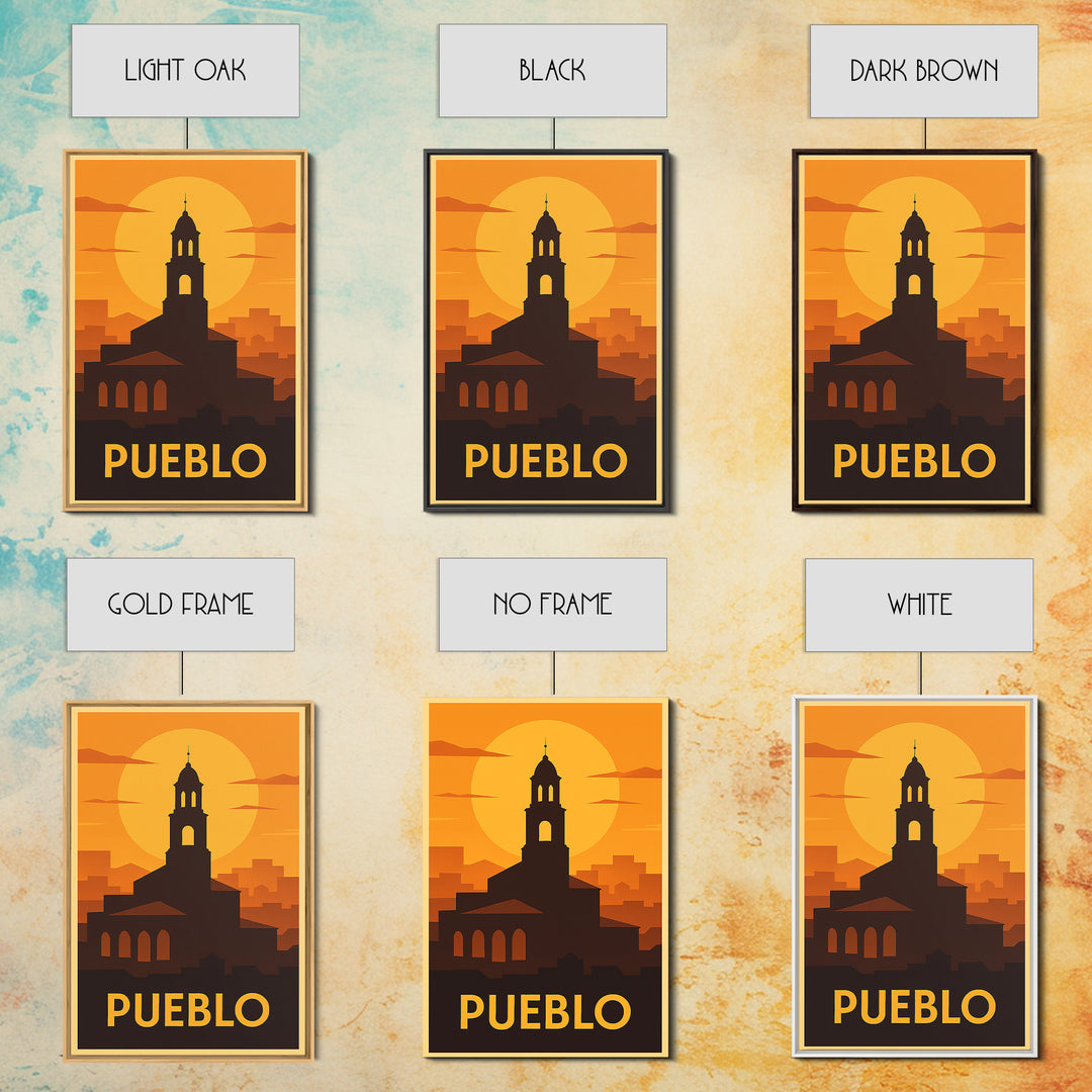Pueblo Travel Poster, Framed Canvas Print, Gold Art Deco Poster Art, Pueblo City Art, Travel Wall Decor, Home Office Decor, Travel Print